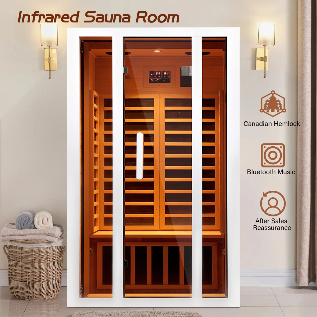 2 Person Extendable FAR Infrared Sauna for Home, Hemlock Wood Low EMF 6 Carbon Heaters Indoor Saunas with LED Lights, Bluetooth Speaker, Digital Control Panel, and Seating Bench